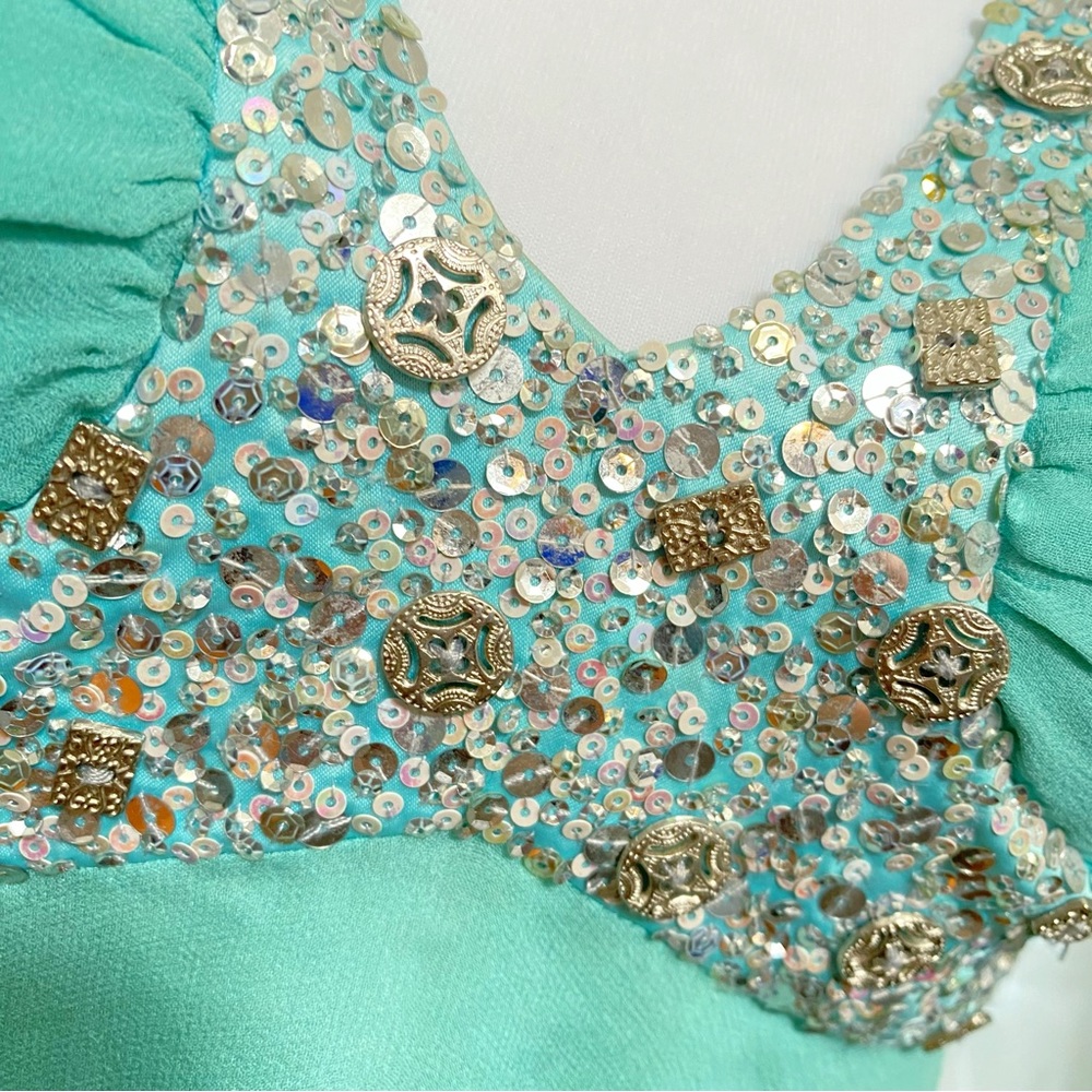 Vintage Mandalay green teal silver sequin beaded sleeveless v-neck silk dress - Picture 4 of 13
